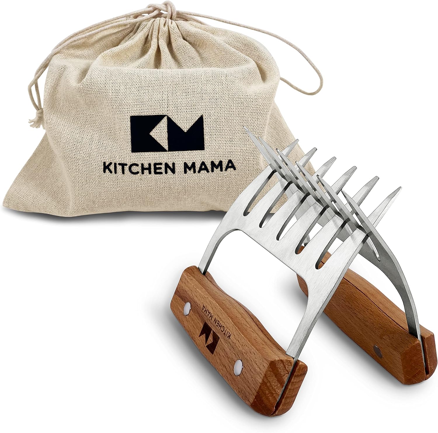 Kitchen Mama Meat Claws, Stainless Steel with Wooden Handle, 1 Pair | BBQ Shredder Claws, For Pulling Pork, Chicken, Beef, Turkey, Perfect for Grill Masters