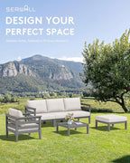 SERWALL HDPE Patio Furniture Set, 2 Pieces Outdoor Sectional Sofa Set, All-Weather Wood-Like Outdoor Sofa Couch with Coffee Table for Deck, Lawn, Grey Frame with Khaki Cushion