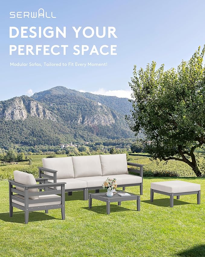 SERWALL HDPE Patio Furniture Set, 2 Pieces Outdoor Sectional Sofa Set, All-Weather Wood-Like Outdoor Sofa Couch with Coffee Table for Deck, Lawn, Grey Frame with Khaki Cushion