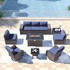 Kullavik 10 Pieces Outdoor Patio Furniture Set,PE Wicker Rattan Sectional Sofa Patio Conversation Sets with 43" 55000BTU Gas Propane Fire Pit Table,Swivel Rocking Chairs Set,Navy Blue