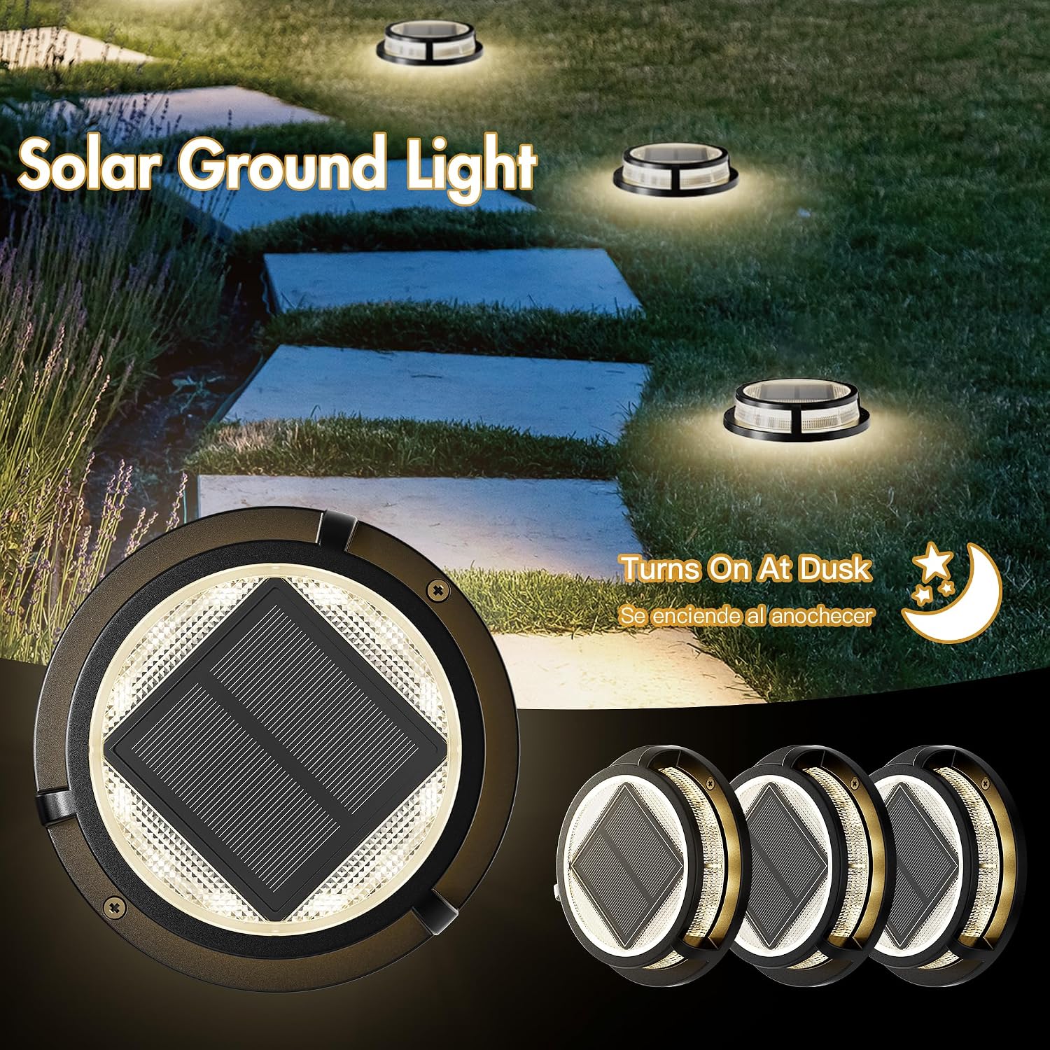 Solar Ground Lights, Outdoor Solar Deck Light, Flat Disc Lights, Waterproof Landscape Light for Garden Lawn Yard Fence Pathway - Durable Aluminum Frame with a Sturdy Metal Stake