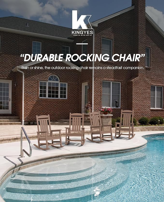 KINGYES HDPE Outdoor Rocking Chair Set of 4, All-Weather Poly Patio Rocking Chairs with 330lbs Support for Adults, Brown
