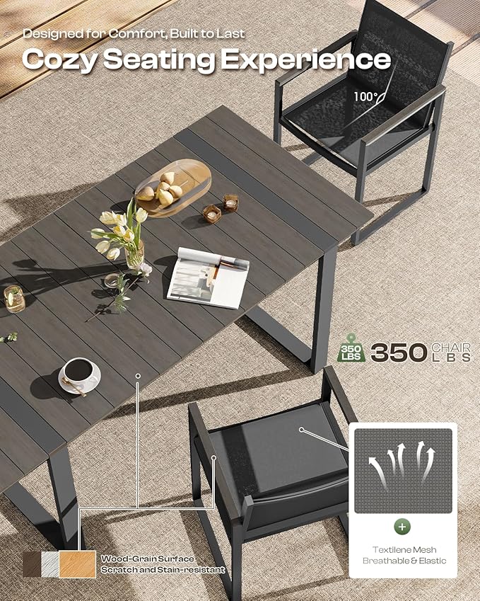 Outdoor Dining Table for 6, HDPS+ Aluminum Patio Dning Table with U-Shape Leg, Size: 67.4"*32.3"*29.6",Modern Rectangular Table for Lawn, Garden (Charcoal)