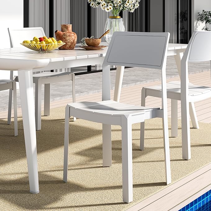 VECELO 4 Pack Stackable Dining Chairs, Plastic Patio Chairs for Indoor Outdoor Use in Kitchen, Poolside, No Assembly, Matte White