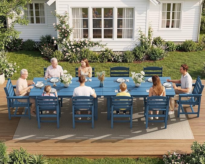 SERWALL Patio Dining Sets for 6 Person, HDPE Dining Set with 6 Armless Chairs, Blue