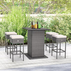 Tangkula 5 Piece Outdoor Rattan Bar Set, Patio Bar Furniture with 4 Cushions Stools and Smooth Top Table with Hidden Storage Shelf, Outdoor Conversation Set for Poolside, Backyard, Lawn (Grey-White)