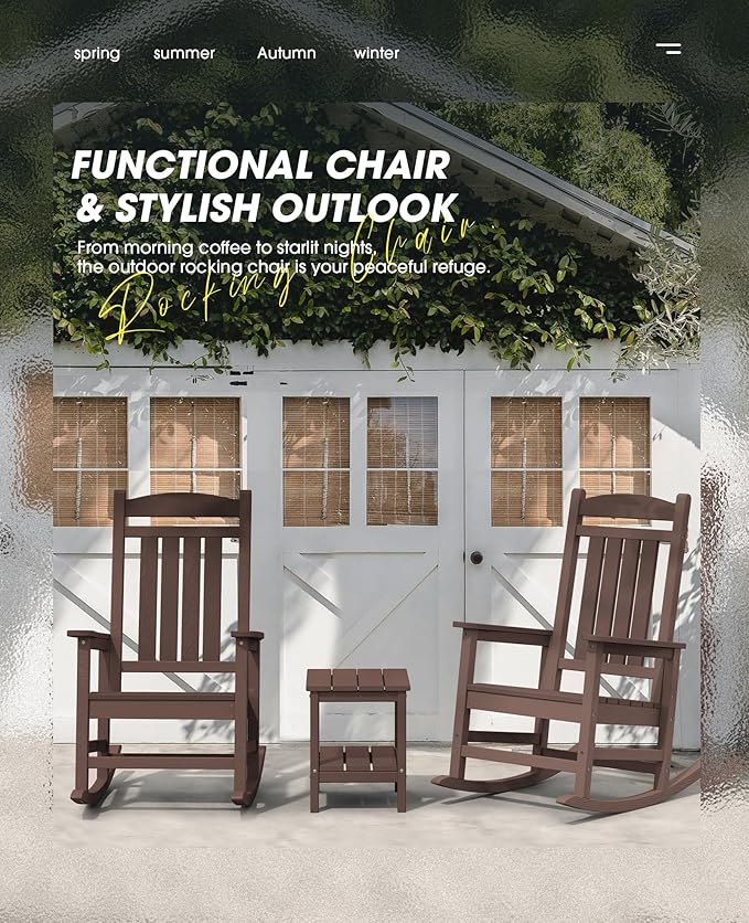 KINGYES HDPE Outdoor Rocking Chair Set of 4, All-Weather Poly Patio Rocking Chairs with 330lbs Support for Adults, Coffee Brown