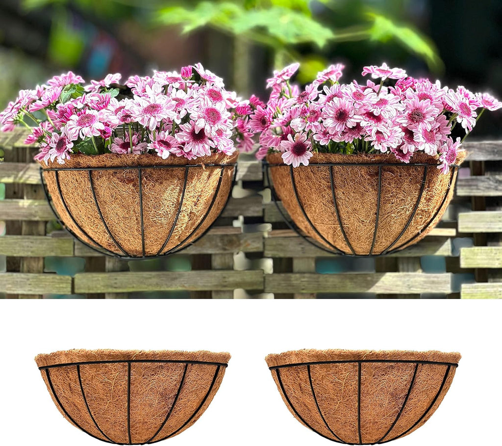 LaLaGreen Wall Hanging Planters (12 Inch, 2 Pack) Wall Mounted Flower Baskets with Coco Liner, Metal Iron Wire Plant Holder for Outdoor Window Box Herb Outside Fence Railing Deck Porch Balcony Garden