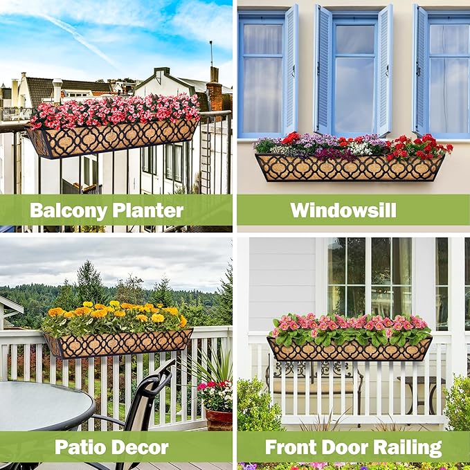 4pcs 30 Inch Window Deck with Coco Liner, 30" Window Boxes Horse Trough with Coconut Coir Liner, Metal Hanging Flower Planter Basket Deck Railing Planter Boxes for Outdoor Indoor Lawn