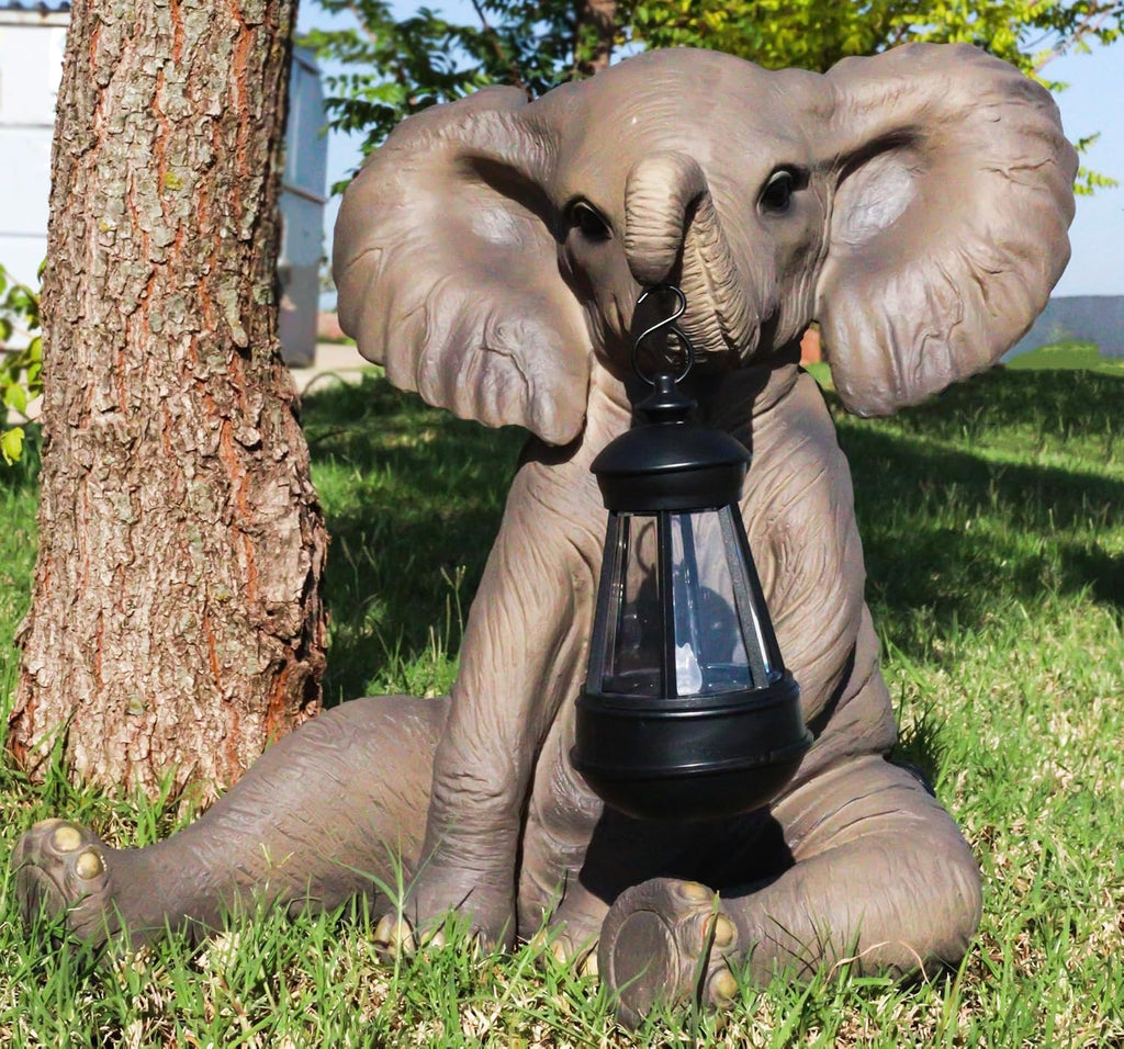 Ebros Safari Savanna Wildlife Animal Melee Adorable Pachy Elephant Statue Home Patio Decor Figurine with Solar LED Light Lantern Lamp 13.75" H Guest Greeter Courtesy Light Path Lighter Sculpture