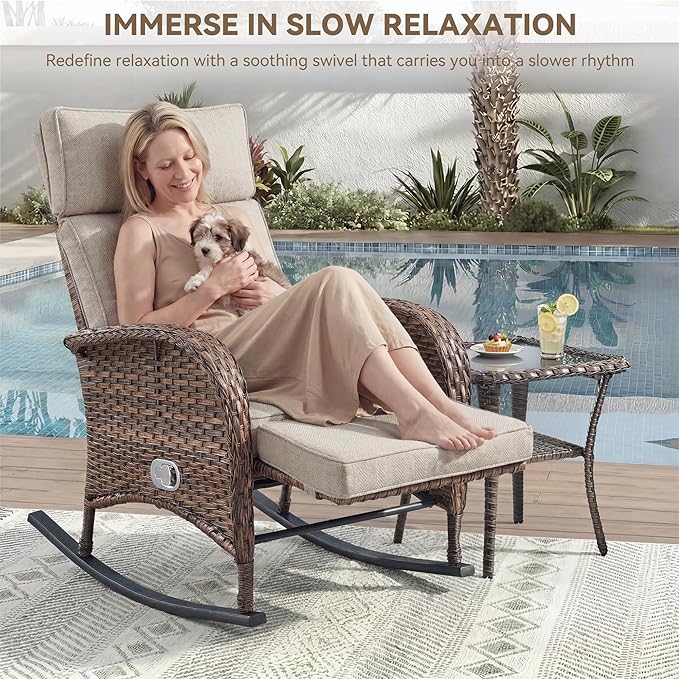 Zero Gravity Patio Rocking Wicker Recliner Chairs Set of 2- Wicker Outdoor Lounge Chair with Adjustable Backrest & Footrest, All Weather Reclining Rocker Chairs with Thick Cushion for Pool Deck Beige