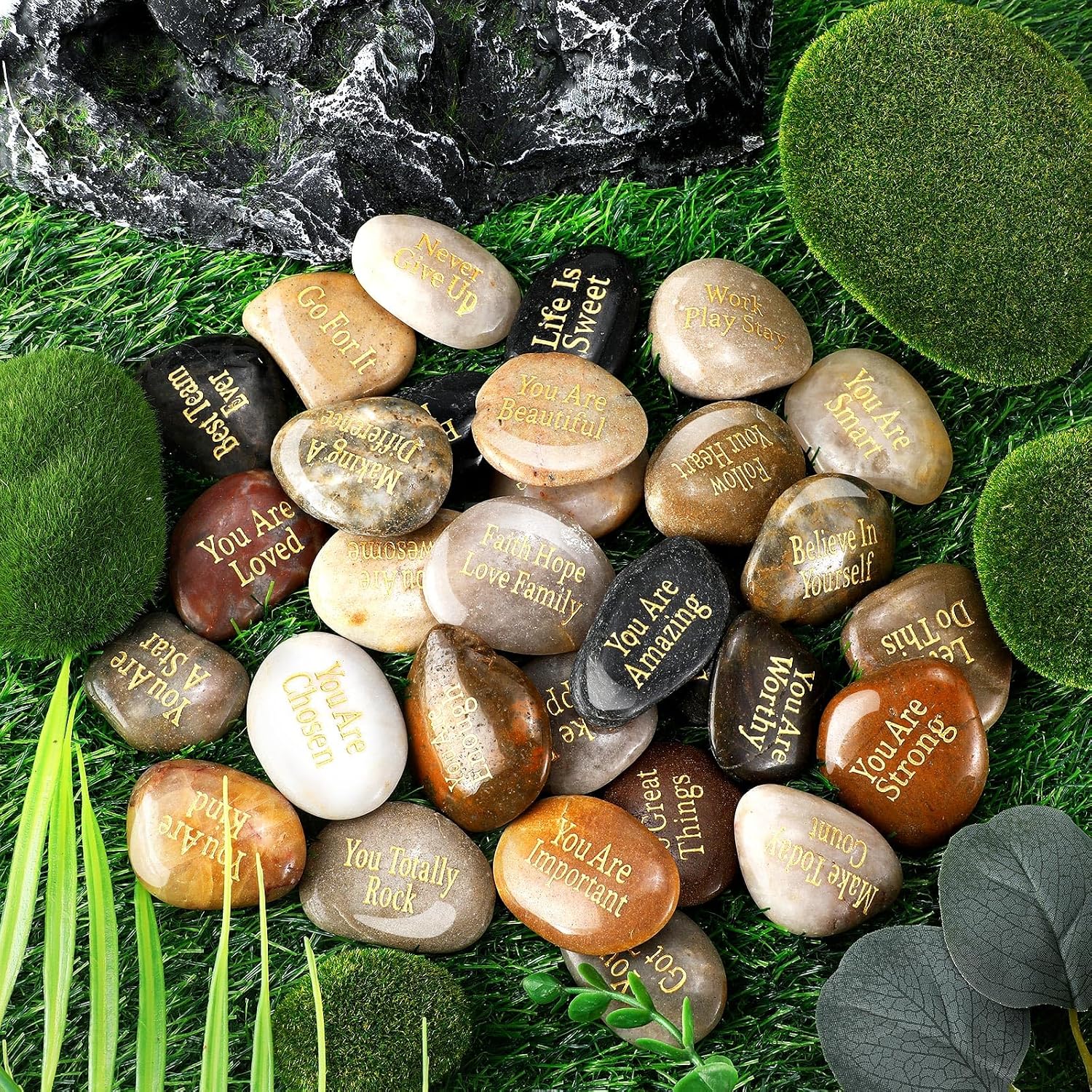 30 Pcs Inspirational Stones Encouragement Words Engraved Rocks | Bulk Garden Stepping Stone, Outdoor Scripture Gift, for Coworkers, Friends, Family, 1"-2" Each
