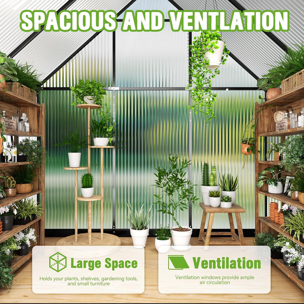 6x4ft polycarbonate green house with roof vent, large showing dimensions