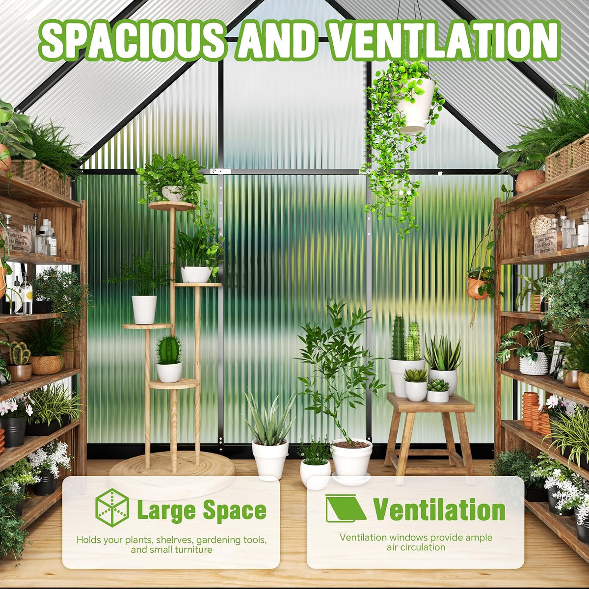 6x4ft polycarbonate green house with roof vent, large showing dimensions