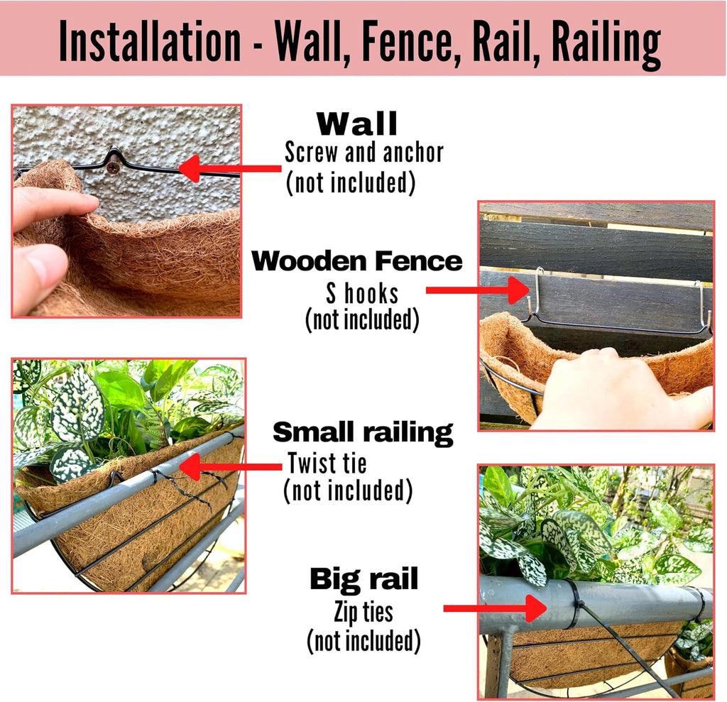 LaLaGreen Wall Hanging Planters (12 Inch, 2 Pack) Wall Mounted Flower Baskets with Coco Liner, Metal Iron Wire Plant Holder for Outdoor Window Box Herb Outside Fence Railing Deck Porch Balcony Garden