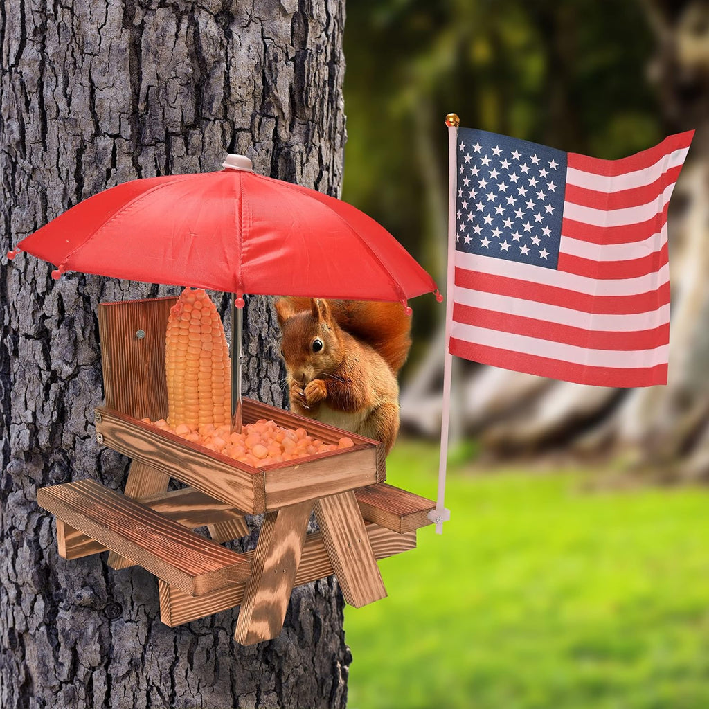 Squirrel Feeder Picnic Table with Umbrella, Wooden Squirrel Feeder Outside | Funny with Corn Cob Holder for Yard and Porch Decoration, Easy to Fill Peanuts in Shell and Nuts