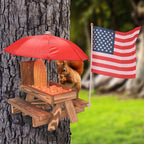 Squirrel Feeder Picnic Table with Umbrella, Wooden Squirrel Feeder Outside | Funny with Corn Cob Holder for Yard and Porch Decoration, Easy to Fill Peanuts in Shell and Nuts