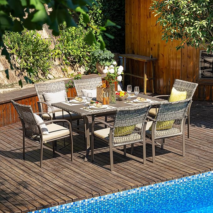 Pamapic 8504 Patio Dining 7 Piece, Outdoor Wicker Furniture Set for Backyard Garden Deck Poolside/Iron Slats Table Top, Removable Cushions, 7 Pack, Beige