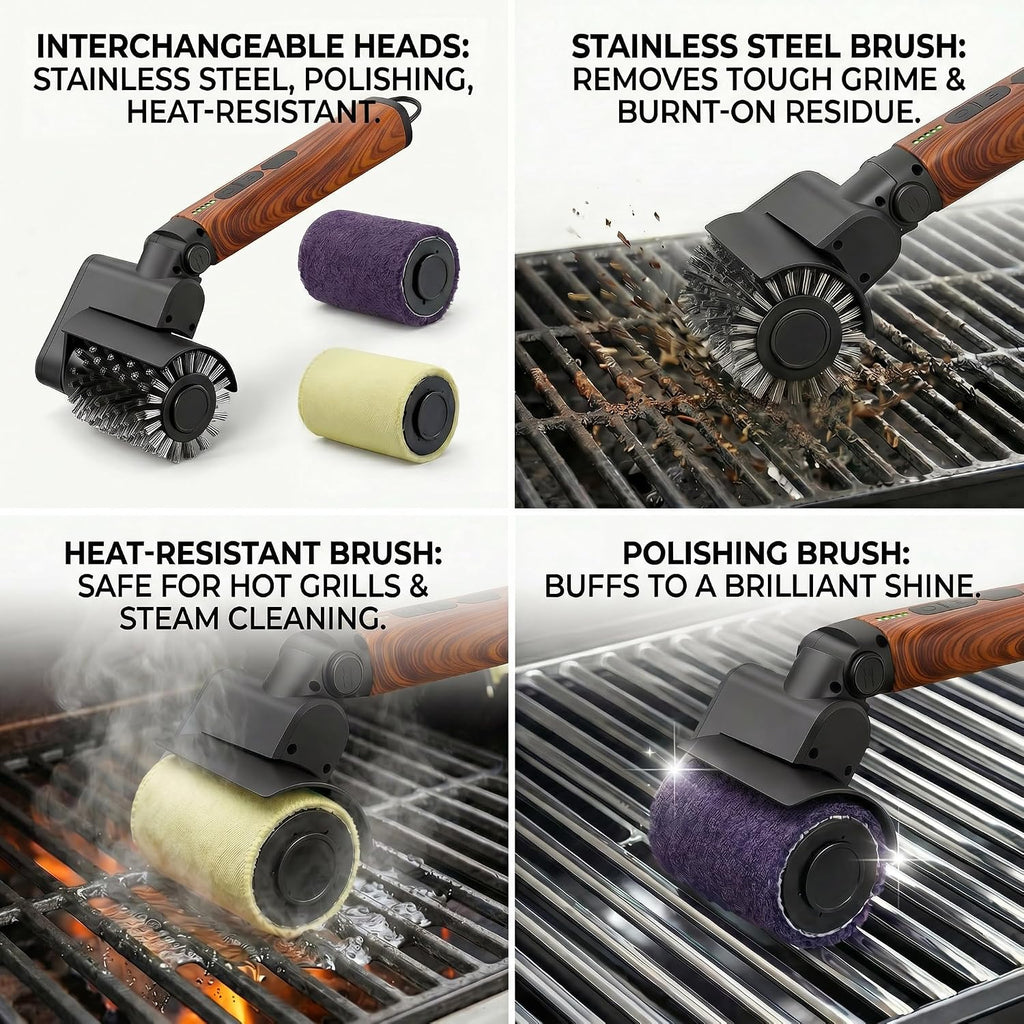 Electric Grill Brush 3-in-1 Kit – Cordless BBQ Cleaner with Reinforced Safe Metal Bristles – 2 Hours Runtime, Waterproof & Dishwasher Safe Removable Brushes for Deep Cleaning (Red Wood Coating)