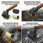 Electric Grill Brush 3-in-1 Kit – Cordless BBQ Cleaner with Reinforced Safe Metal Bristles – 2 Hours Runtime, Waterproof & Dishwasher Safe Removable Brushes for Deep Cleaning (Red Wood Coating)
