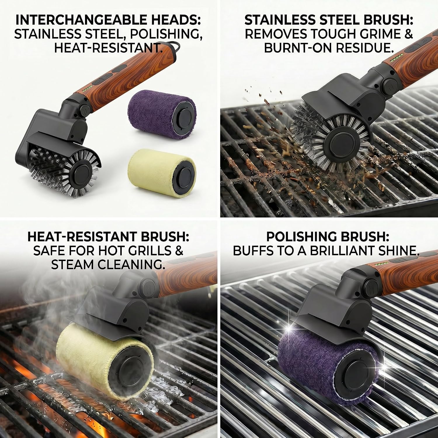 Electric Grill Brush 3-in-1 Kit – Cordless BBQ Cleaner with Reinforced Safe Metal Bristles – 2 Hours Runtime, Waterproof & Dishwasher Safe Removable Brushes for Deep Cleaning (Red Wood Coating)