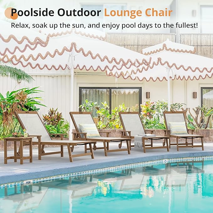 LUE BONA Chaise Lounge Chair Outdoor, HDPS and HDPE Wicker Chaise Lounger with 5 Positions, Pool Lounge Chairs with Wheels and Adjustable Backrest for Patio, Poolside, Deck, Backyard