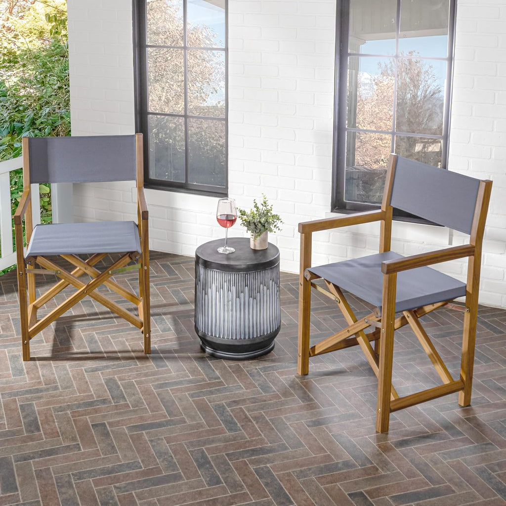 JONATHAN Y Cukor Acacia Wood Folding Director Chair Set of 2, Gray | Outdoor, Weight Capacity 260 Lbs, Teak Brown Finish, Weather-Resistant Textile, For Patio, Deck And Balcony
