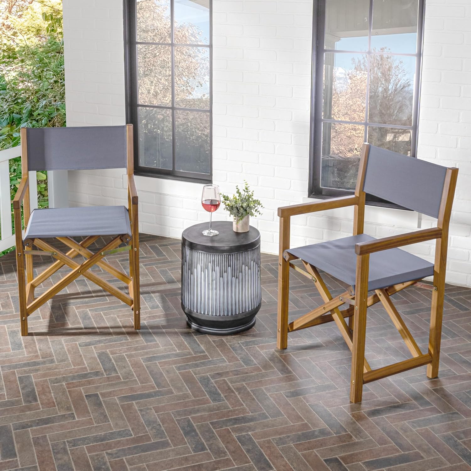 JONATHAN Y Cukor Acacia Wood Folding Director Chair Set of 2, Gray | Outdoor, Weight Capacity 260 Lbs, Teak Brown Finish, Weather-Resistant Textile, For Patio, Deck And Balcony