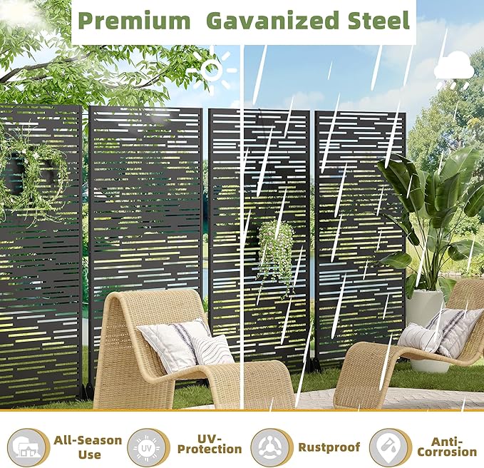 Casaphoria Metal Privacy Screen Outdoor, 72" H x 47" W Freestanding Decorative Privacy Screen for Patio Deck Balcony Garden with Stable Base, Brown-Shine