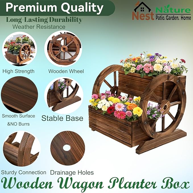 NestNature Wooden Wagon Planter Box,Raised Garden Bed,Decorative Garden Planters with Wheels-Outside Flower Pots for Indoor/Outdoor Décor Plants