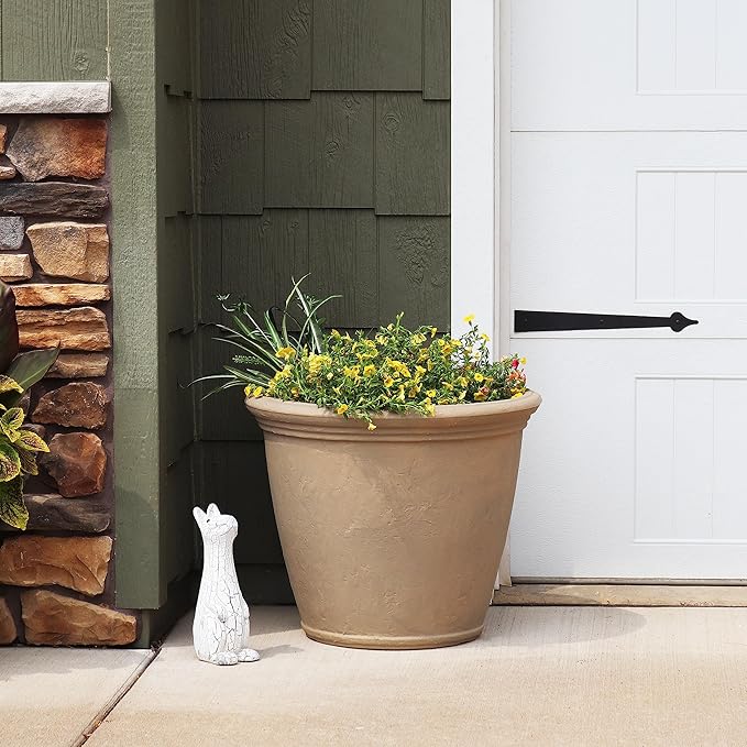 Sunnydaze 24-Inch Anjelica Large Plastic Pot for Plants - Outdoor Double-Walled Large Plastic Planter with Drillable Drainage Holes - Beige