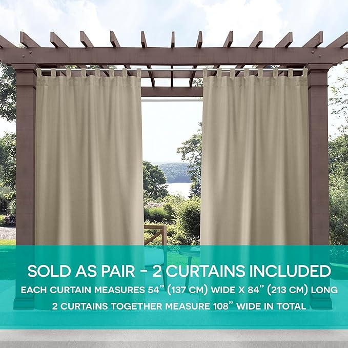 Exclusive Home Cabana Solid Indoor/Outdoor Light Filtering Hook-and-Loop Tab Top Curtain Panel, 54"x108", Taupe, Set of 2