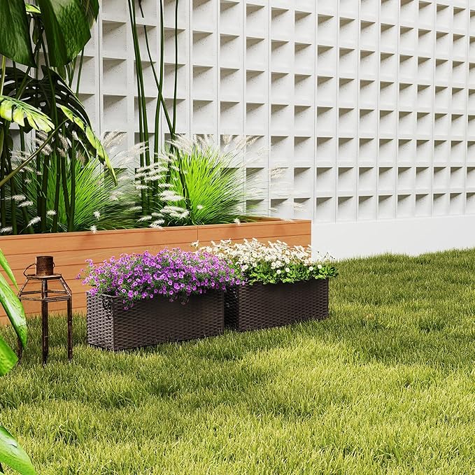 Outsunny Railing Planter Box (2 Pack, 20 Inch), Hanging Flower Pots with Hooks, Drainage Holes for Fence, Balcony, Garden, Patio, Rattan Look, Brown