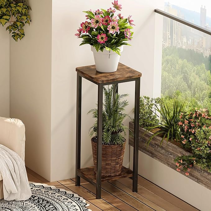 Homeiju Plant Stand Indoor, 2 Tier Wood Corner Plant Stand, Modern Square Plant Shelf Flower Stand for Living Room Patio Balcony Garden, Rustic Brown