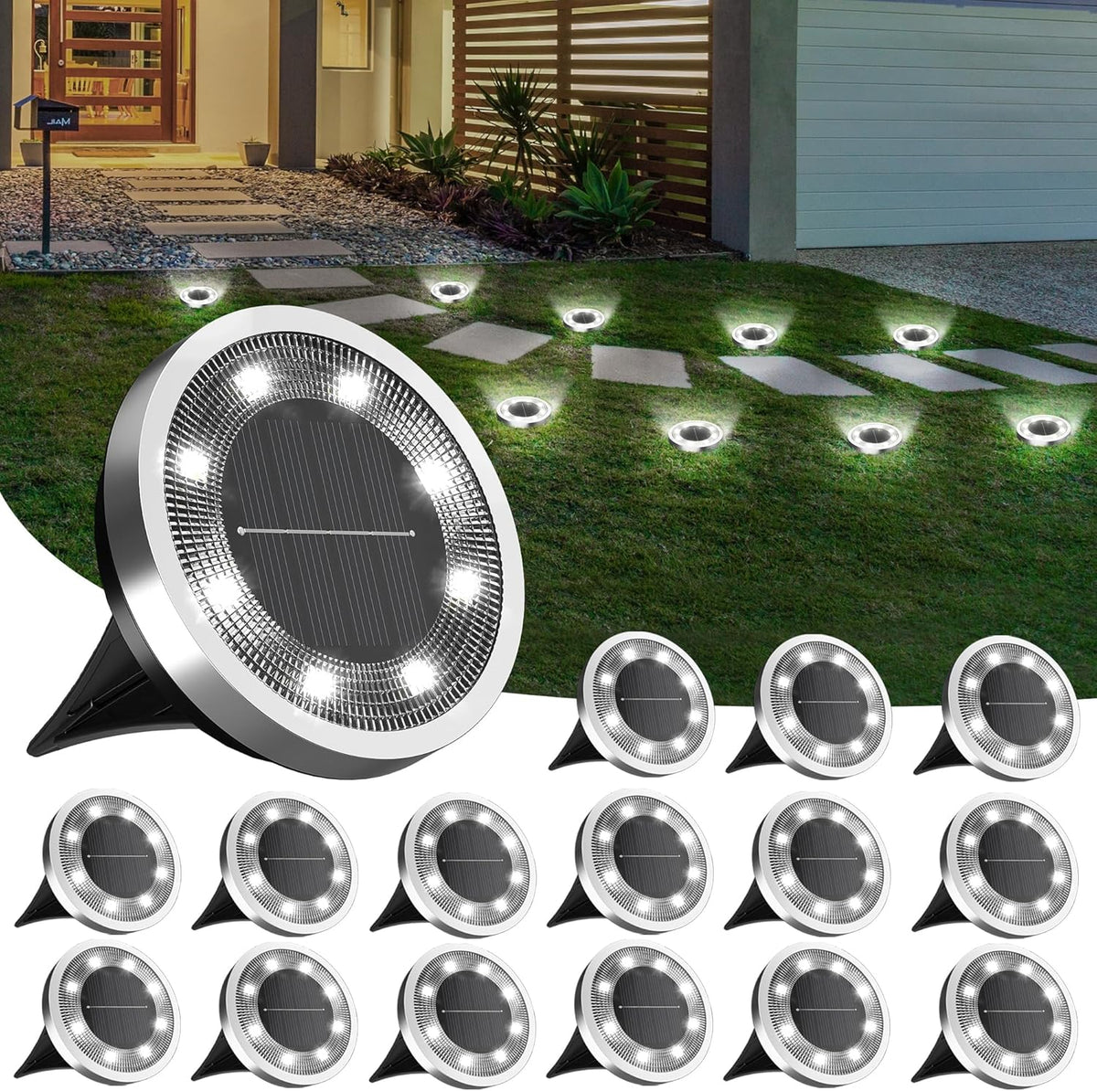 incx 16pack solar ground lights outdoor, 8 led, main product view