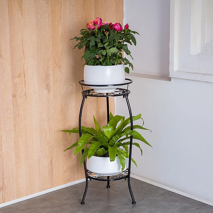 FaithLand 2 Pack Metal Plant Stands, Tall Planter Holder Indoor Outdoor, 2 Tier Round Potted Supports Rack, Corner Display Shelf Black