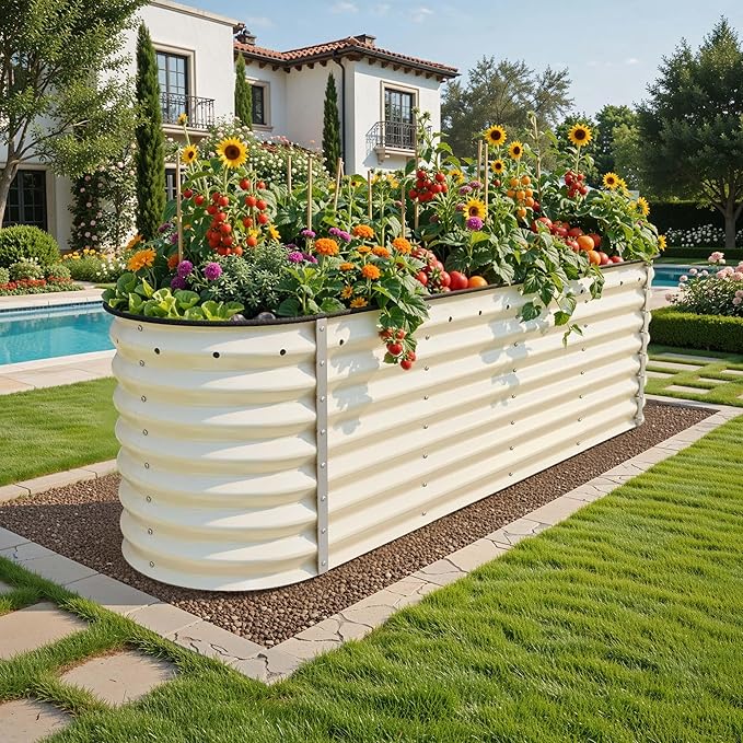 YITAHOME 24" Tall 9 in 1 Raised Garden Bed Kit,96x24 in Large Galvanized Metal Planter Box with Gloves, Safety Rubber & Support Rod, Outdoor Flower Bed for Plants Vegetables Flowers, White