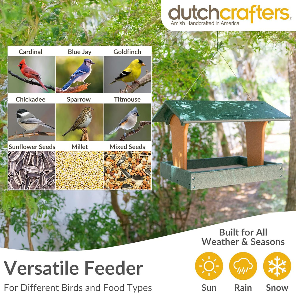 DutchCrafters Plastic Poly Covered Roof Hanging Fly Through Bird Feeder Open Side Platform Seed Tray for Outside Outdoor Garden - Amish American Made in USA (Turf Green & Cedar)