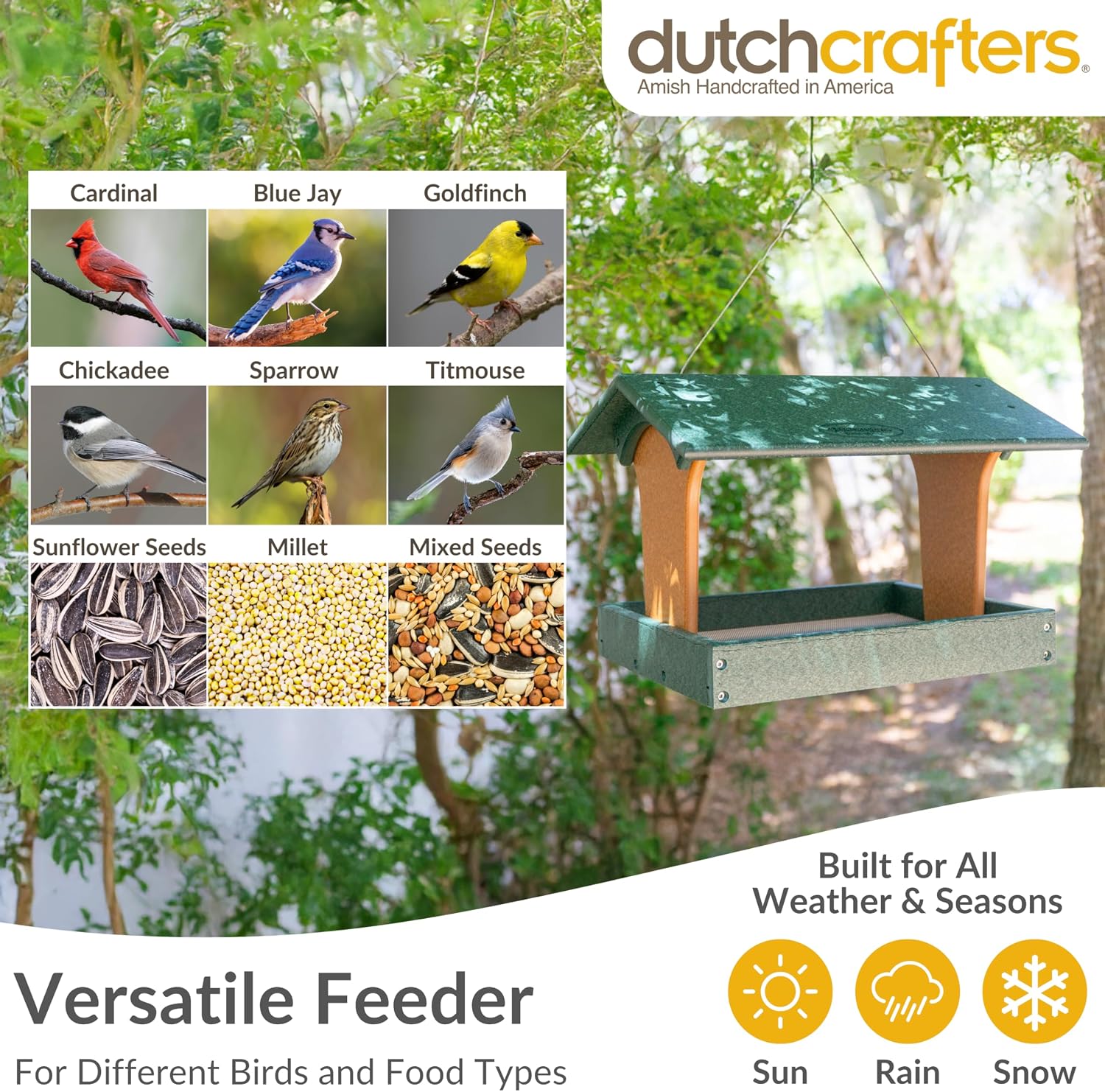DutchCrafters Plastic Poly Covered Roof Hanging Fly Through Bird Feeder Open Side Platform Seed Tray for Outside Outdoor Garden - Amish American Made in USA (Turf Green & Cedar)