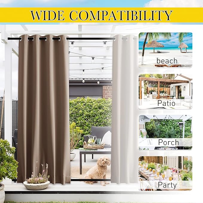 NICETOWN 2 Panels Outdoor Curtains for Patio Waterproof Top & Bottom Grommet & Back Tab, Blackout Outdoor Drapes with Rope for Fixed Windproof Privacy Sun Blocking for Porch, W46 x L90, Tan-Khaki
