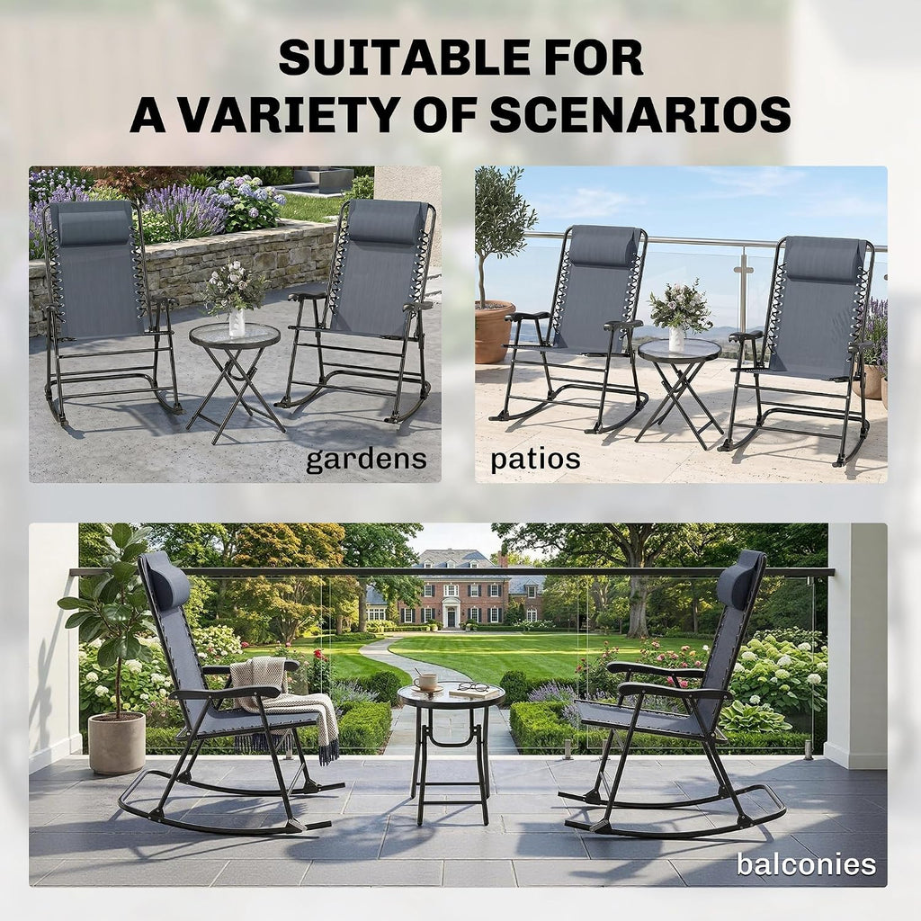 Outsunny 3 Piece Outdoor Rocking Bistro Set, Patio Folding Chair Table Set with Glass Coffee Table for Yard, Patio, Deck, Backyard, Grey