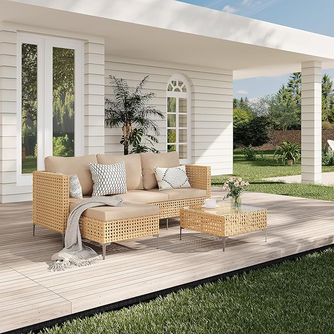3-Piece L-Shaped Patio Furniture Set - Weather Resistant Wicker Sectional Sofa with Thick Cushions & Coffee Table for Small Spaces (Yellow/Beige)