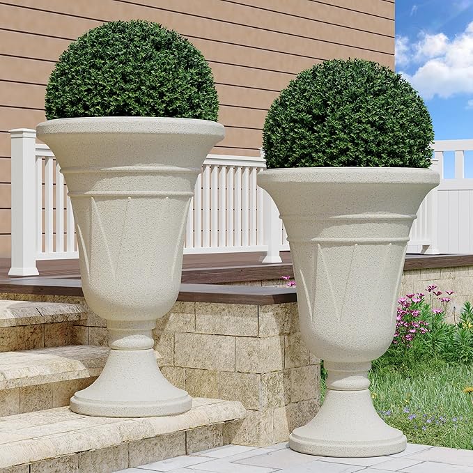 23" Tall Planters for Outdoor Plants Set of 2, Planter with Drainage Holes and Trophy Design, Large Outdoor Planters for Porch, Garden, Beige