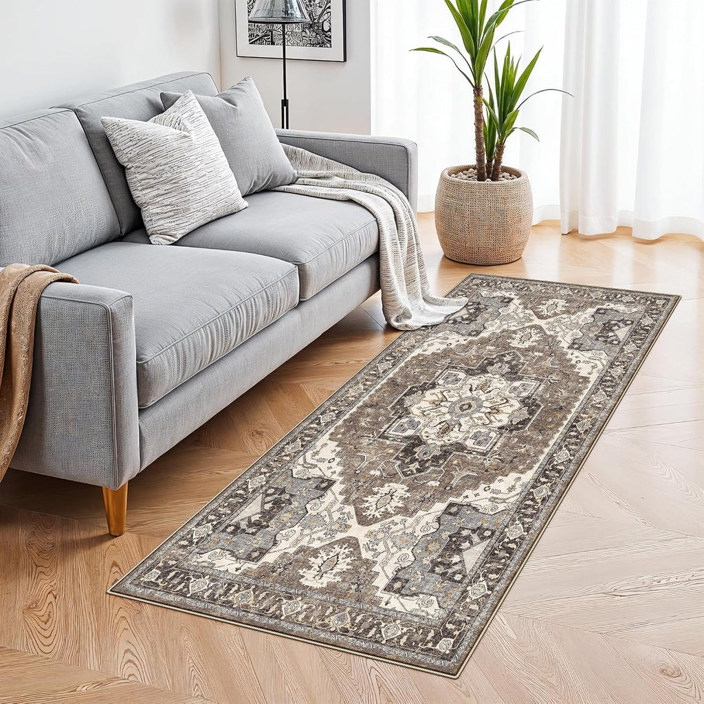 RUUGME Entryway 2x4 Runner Rug: Washable Vintage Rugs Low Pile Lightweight Stain Resistant Carpet for Kitchen Bedroom Non-Slip Soft Thin Floor Mat for Bathroom Laundry Room (Beige,2x4)