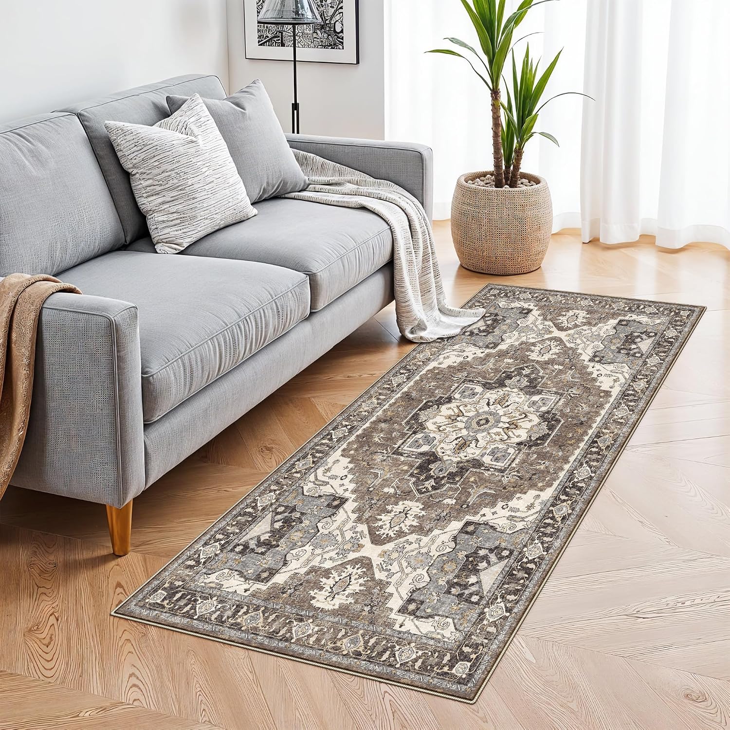 RUUGME Entryway 2x4 Runner Rug: Washable Vintage Rugs Low Pile Lightweight Stain Resistant Carpet for Kitchen Bedroom Non-Slip Soft Thin Floor Mat for Bathroom Laundry Room (Beige,2x4)