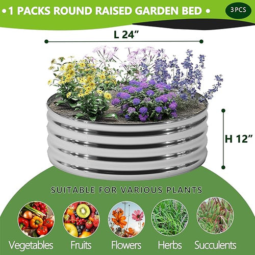 3PCS 2x2x1FT Galvanized Raised Garden Bed Kit,Vegetable Boxes-Round Metal Flower Box,Large Planter Raised Beds Outdoor Garden for Planting,Fruit,Herb-Silver