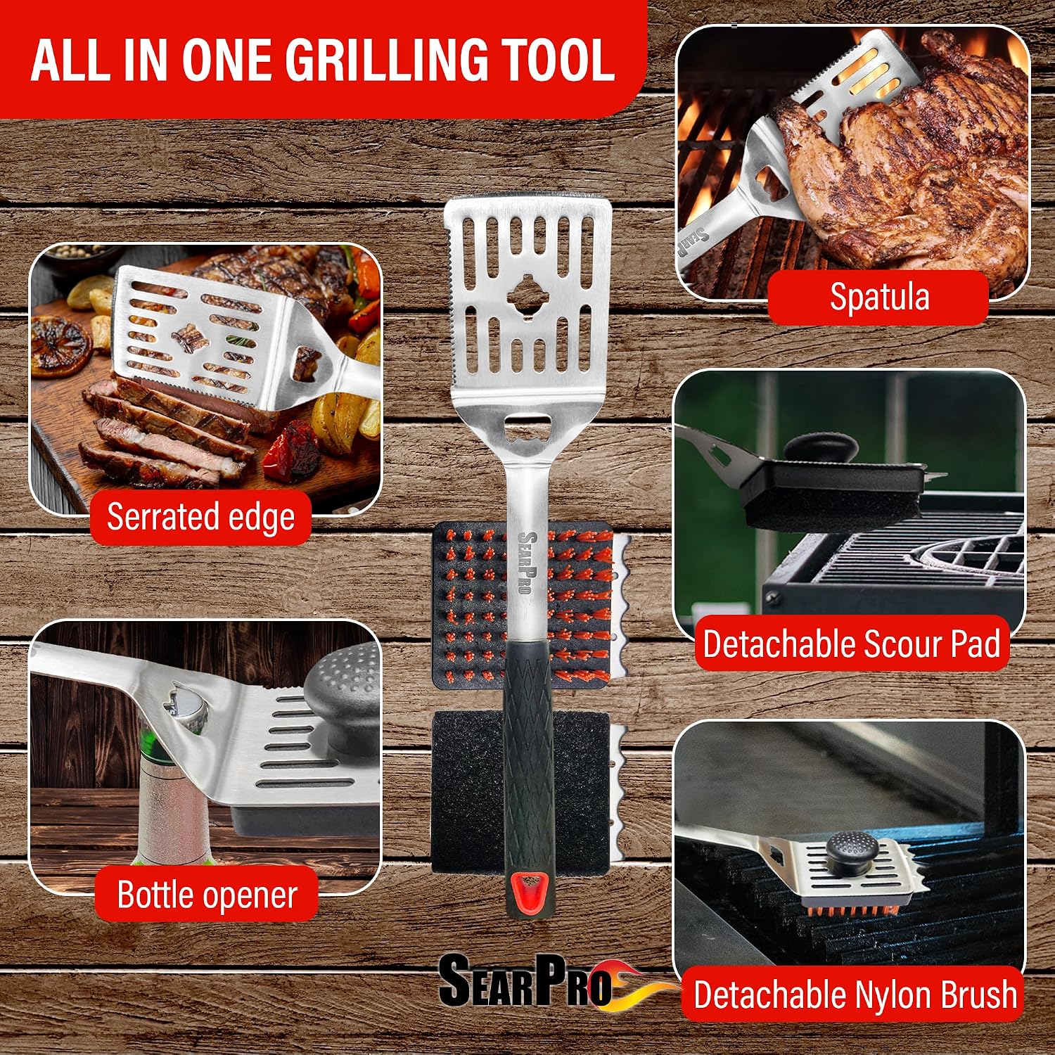 5-in-1 Grill Brush Combo by SearPro BBQ Cleaner Scraper Barbecue Tool Accessories Kit Heat Resistant Nylon Bristle Spatula Outdoor Smoker Black Stone Grate Cast Iron Spatula Non-Wire Brush (5 in 1)