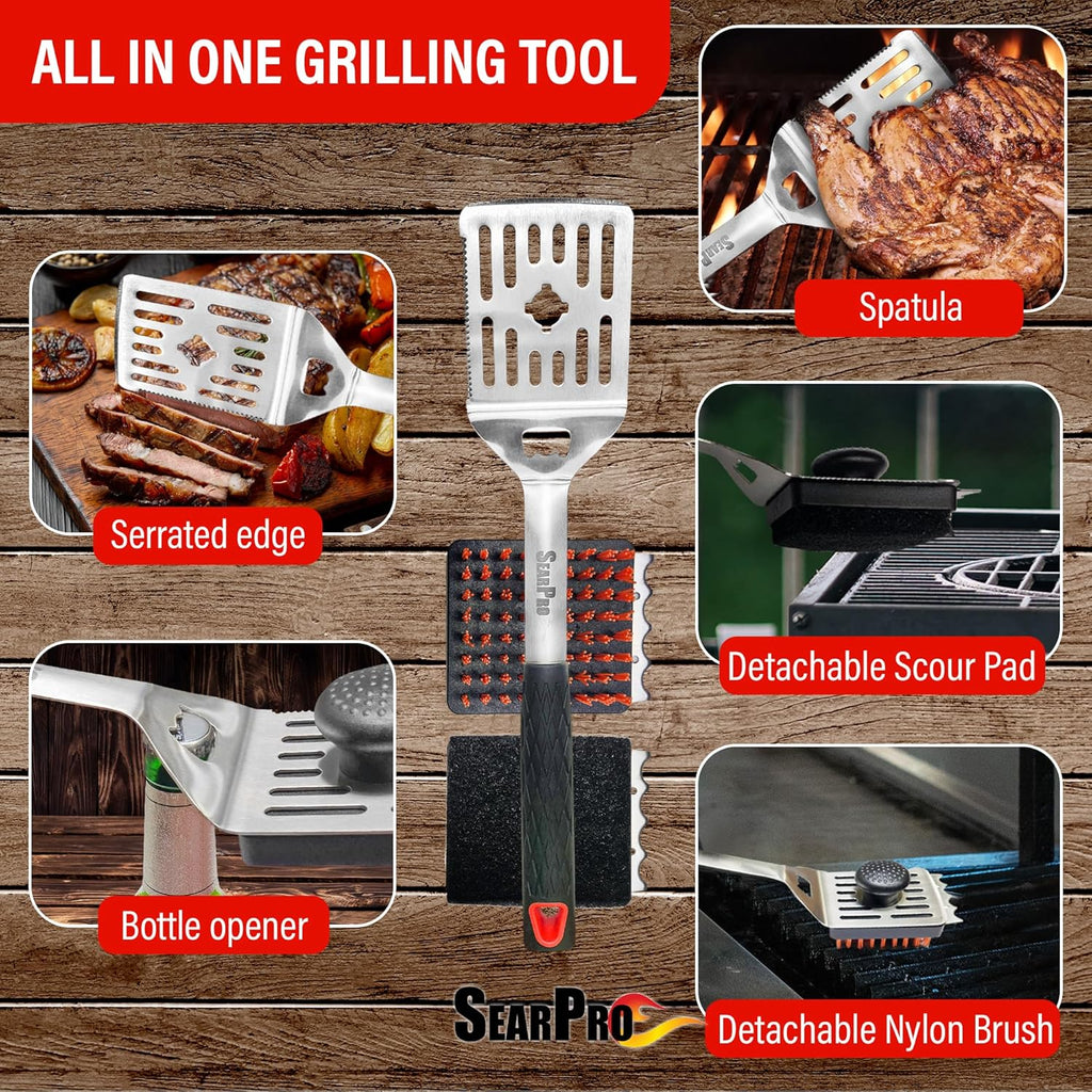 5-in-1 Grill Brush Combo by SearPro BBQ Cleaner Scraper Barbecue Tool Accessories Kit Heat Resistant Nylon Bristle Spatula Outdoor Smoker Black Stone Grate Cast Iron Spatula Non-Wire Brush (5 in 1)