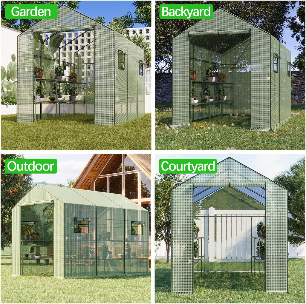 9.75 ft walk-in greenhouse, 18 shelves, waterproof cover, side view