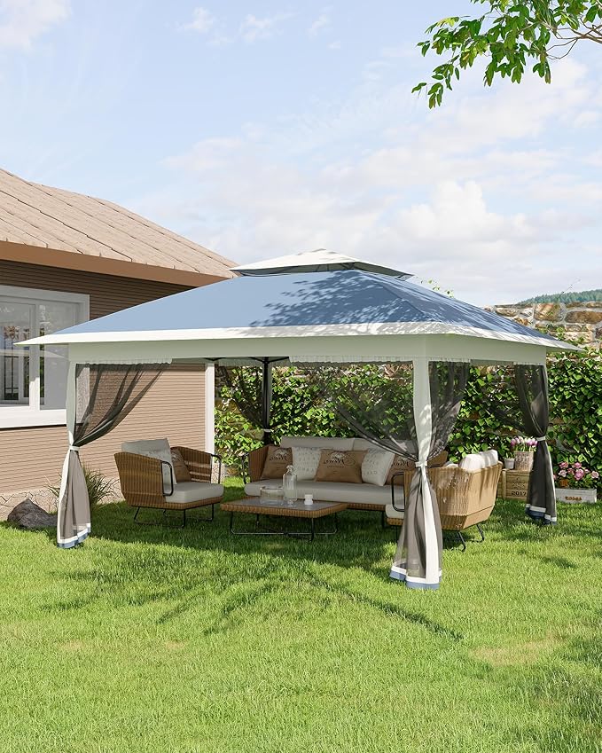 Canopy Tent 13x13 ft, Pop Up Gazebo One-Push Setup with 4 SandBags for Backyard Parties and BBQs, Mosquito Netting & Height Adjustable - Navy Blue